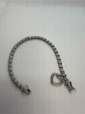 PAJ CZ Tennis Bracelet Heart Charm Silver Tone 7.5” Bracelet
